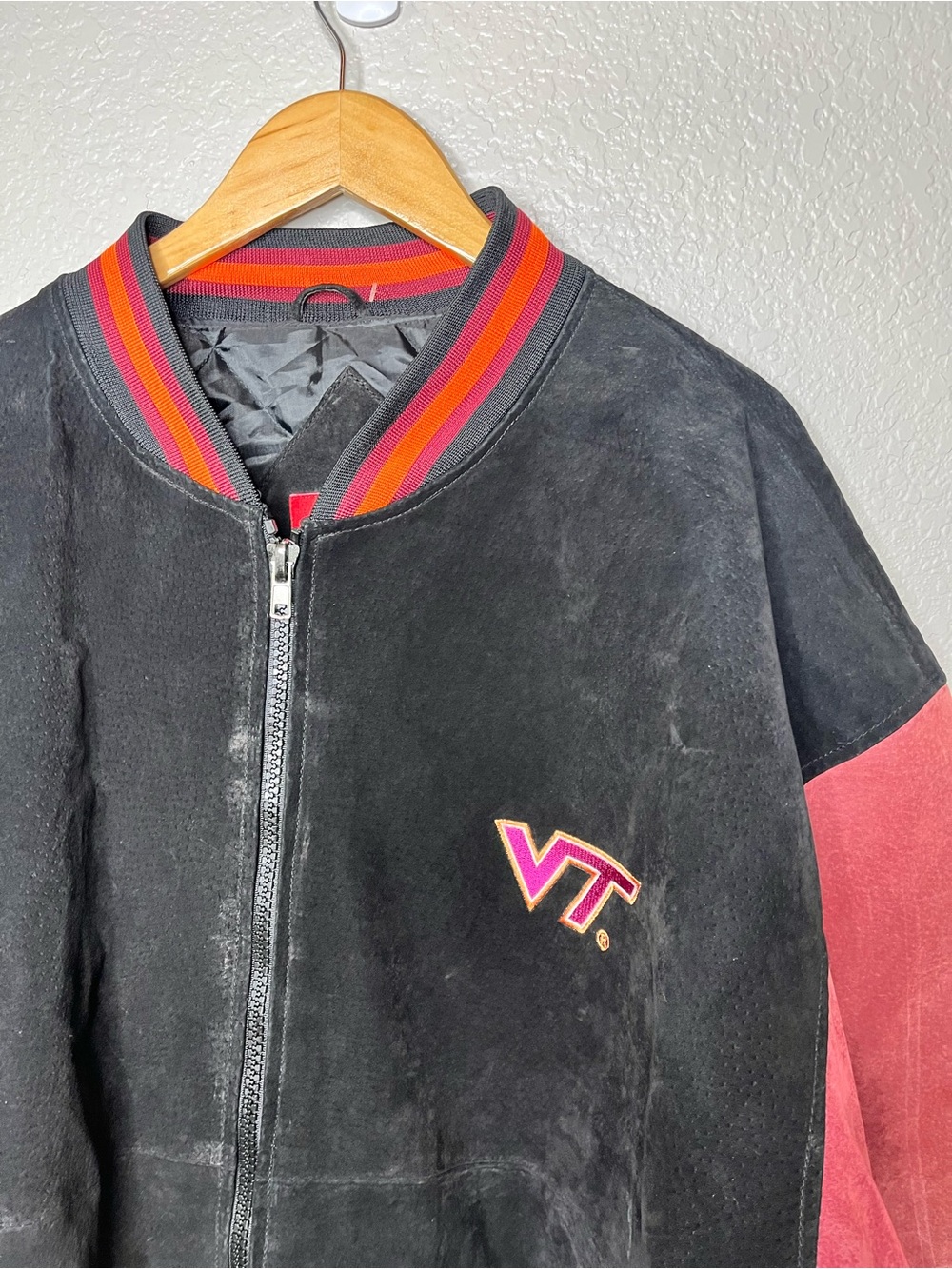 Vintage Virginia Tech Hokies Suede Leather Bomber Jacket XXL VT Varsity Coat 2XL - Picture 3 of 13